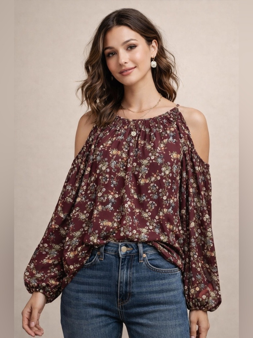 Max Studio Dark Purple 3/4 Sleeve exposed shoulder Floral Print top size S